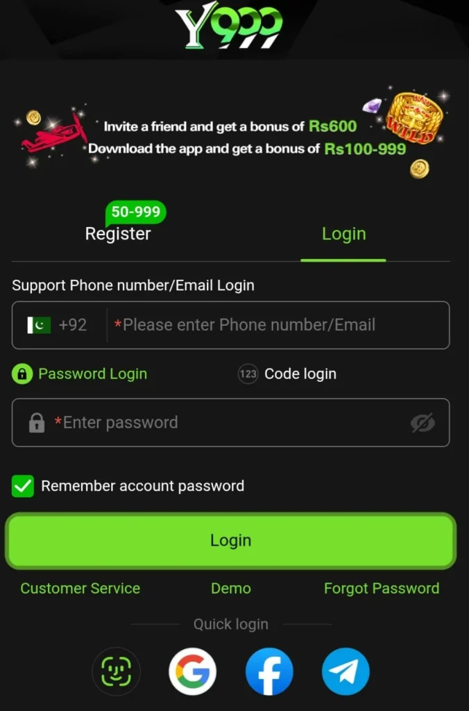 Y999 Game login screen Pakistan 1
